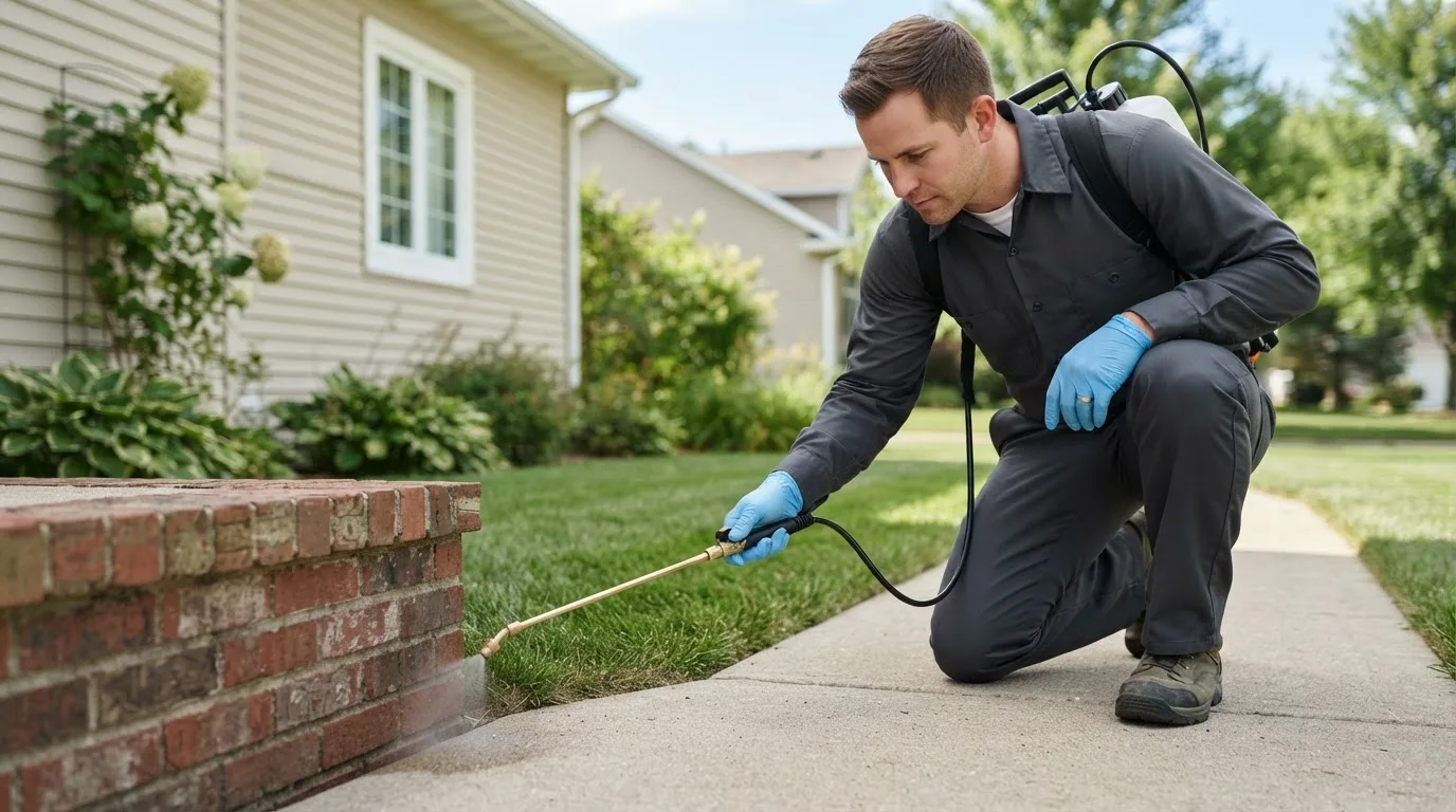 Pest control technician treating a home near White Mountain, AK